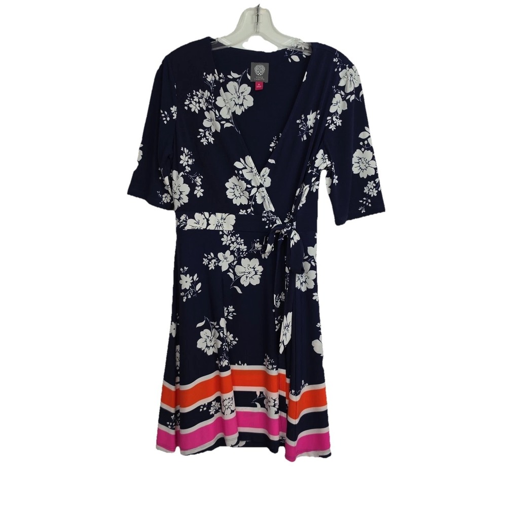 Vince‎ Camuto Wrap Dress Women's Sz 10 Navy Blue w/ White, Orange Floral Pattern